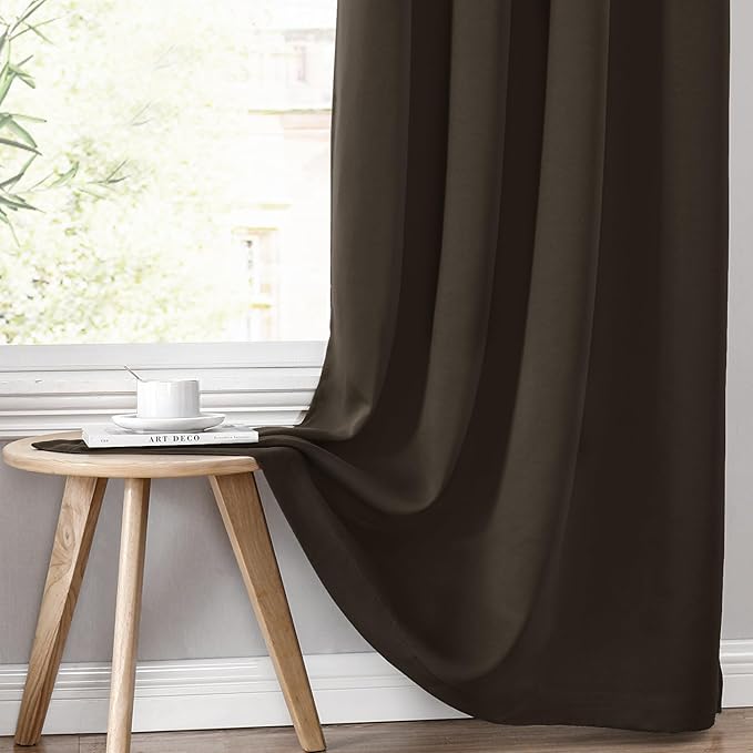ChrisDowa 100% Blackout Curtains 63 inch Long for Bedroom with Black Liner, 2 Thick Layers Total Blackout Thermal Insulated Grommet Window Curtains 2 Panels Set (Brown, 38 x 63 Inch)