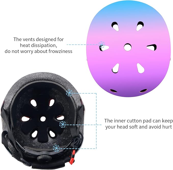 Adjustable Color Gradient Skateboard Helmet for 3-5-8-14+Ages【Toddler Kids Youth Adult】 Girls Boys Woman.Bike Helmet for Multi-Sports Cycling Bicycle Scooter Inline Roller Skate Rollerblading