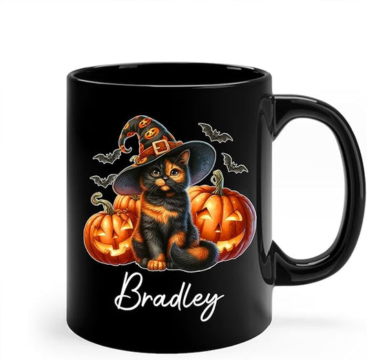 Personalized Tortoiseshell Pumpkins Black Ceramic Cup, Halloween Tortoiseshell Coffee Mug Gift for Cat Lover, Customized Pet's Name Cup 11oz 15oz, Spooky Halloween Cat Mug, Pet Lover Present