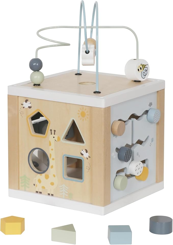 Wooden Activity Cube, 6-in-1 Montessori Toys for 1+ Year Old Boys & Girls, Educational Learning Toys for 1 2 3 Year Old Baby|Bead Maze|Shape Sorter|Mirror|Gear