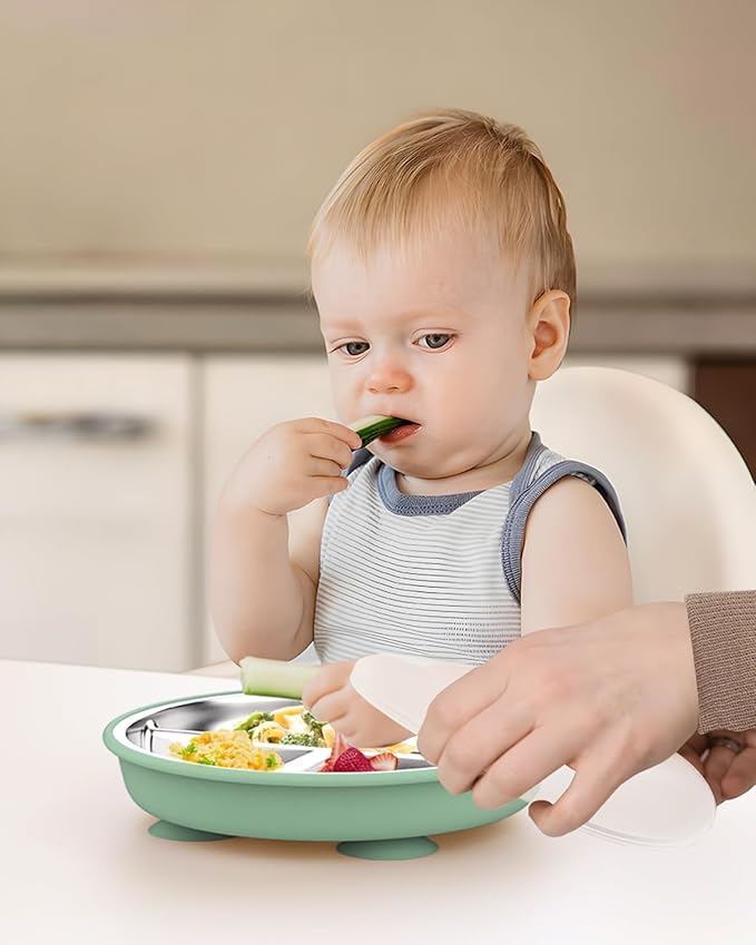 Stainless Steel Toddler Suction Plate with Lid, Deeper 9" Divided Plates with Removable Silicone Sleeves for Kids, Non Toxic & BPA Free | Unbreakable Baby Snack Dishes Set of 2, Green & Purple