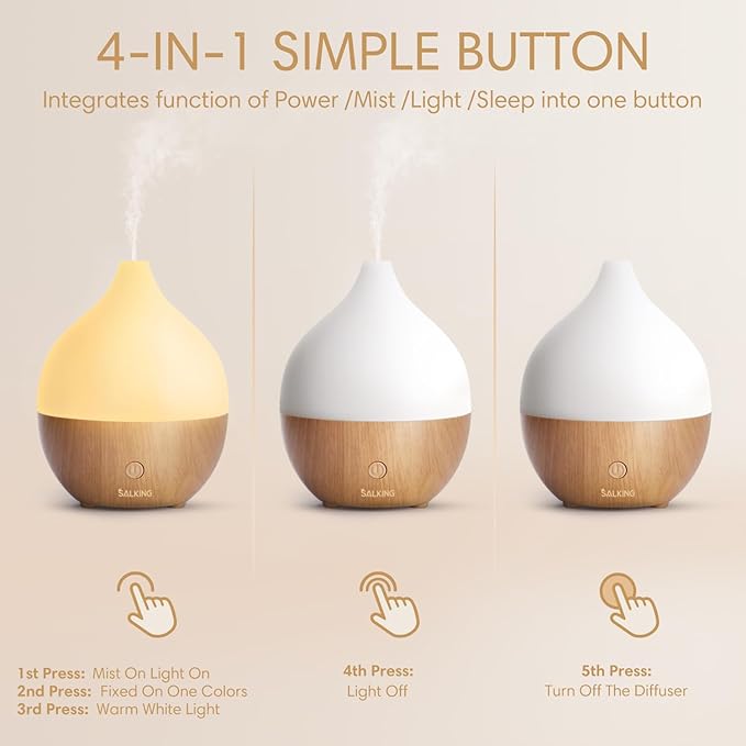 SALKING Essential Oil Diffuser, 100ml Small Aromatherapy Diffuser with Auto Shut-Off Function, Ultrasonic Diffusers for Essential Oils, Cool Mist Humidifier with Warm White Lights, for Office Home