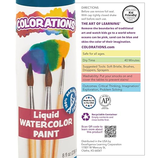 Colorations LW18 Liquid Watercolor Paint, 8 fl oz, Set of 18, Non-Toxic, Painting, Kids, Craft, Hobby, Fun, Water Color, Posters, Cool effects, Versatile, Gift