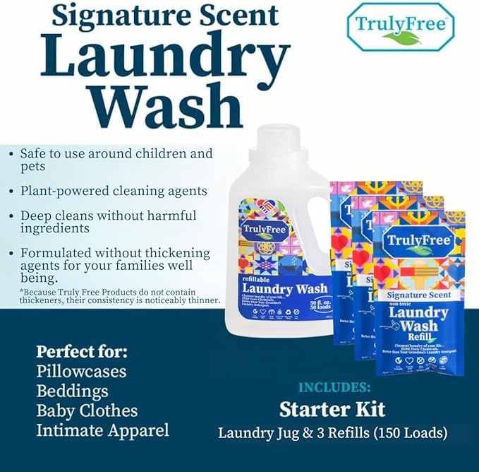 Natural Laundry Detergent for Sensitive Skin | Eco Friendly, Plant Based, Baby Clothes Safe | Clean & Easy Powder to Liquid, 3 Pack Detergent + 1 Refillable Jug | Signature Scent 150 Loads