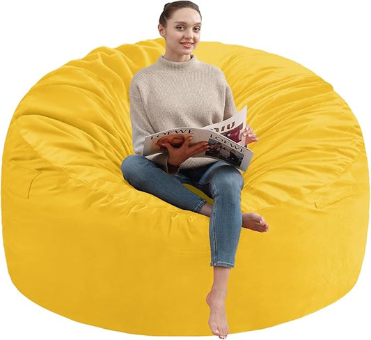 3FT Bean Bag Chair, Comfy Bean Bag Chairs with Memory Foam Filled, Fluffy Beanbag Sofa with Dutch Velvet Cover, Round BeanBag Chairs for Living Room, Playroom - Lemon