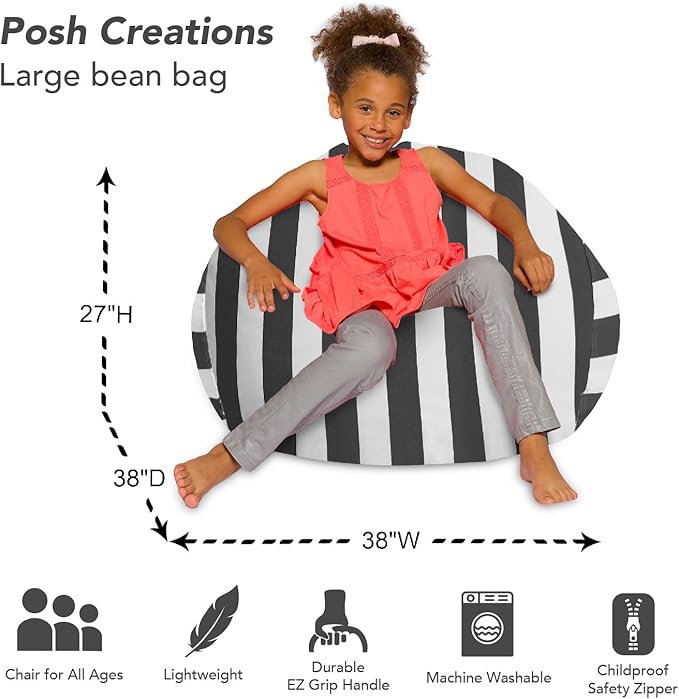 Posh Creations Bean Bag Chair for Kids, Teens, and Adults Includes Removable and Machine Washable Cover, Canvas Stripes Gray and White, 38in - Large