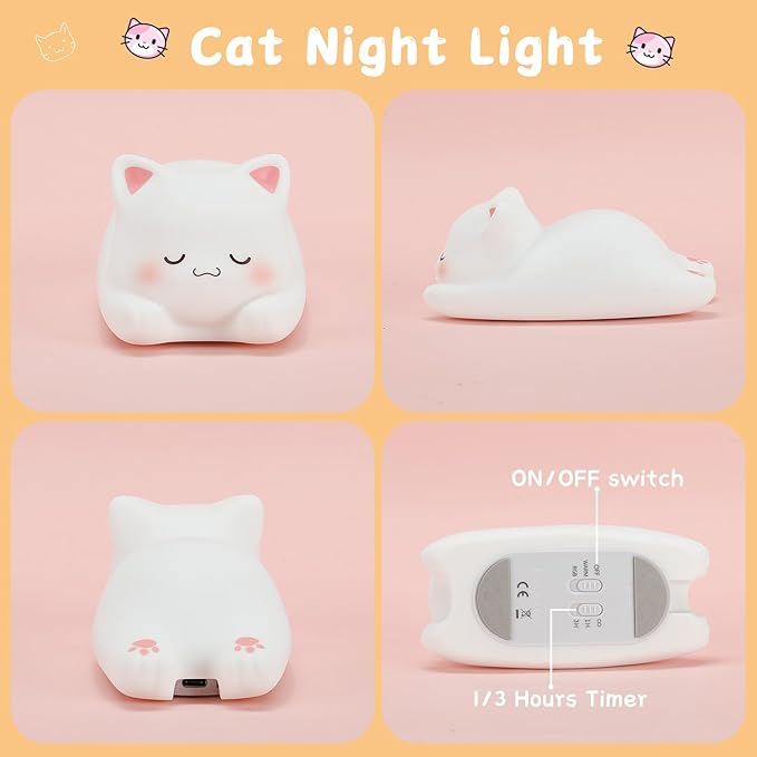 LOVERUIS Cute Night Light for Kids Cat Night-Light Baby Girl Squishy NightLight 1/3 Hour Timer Kitty Light Dimmable Nursery Lamp Colorful Nightlight Gift for Kid Toddler Kawaii Bedroom (Mimi)