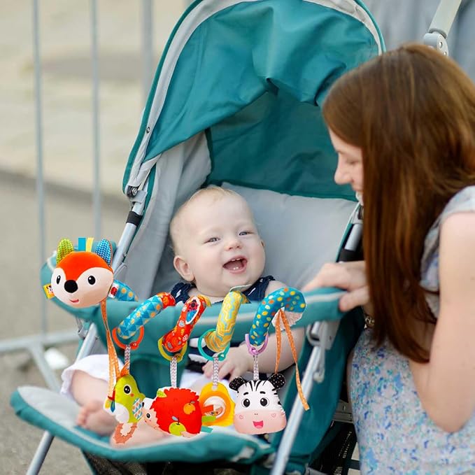 Baby Car Seat Toys, Infants Activity Spiral Plush Toys for Babies 0-6 Months Hanging Stroller Toy Gift for Infant Boys and Girls 0 3 6 12 Months Newborn Sensory Toy with Rattles Squeaker Music - Fox