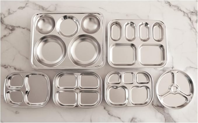 Korean Stainless Steel Divided Plates, Food Grade 304 Tray for Kids, Teens, Adults, Picky Eaters, BPA Free, 6 Sections, Diet Portion Control, Serving Platter, Dinner Snack, Set of 2