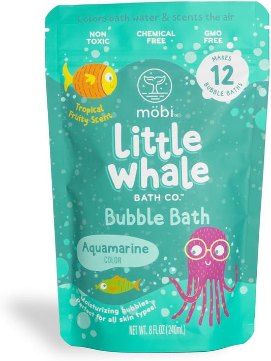 Mobi Little Whale Bubble Bath, Tropical Fruity Scent Kids Body Wash, Gentle Moisturizing Tub Foam for All Skin Type, GMO-Free, Stain-Free, Fun Aquamarine Color, 8 fl oz