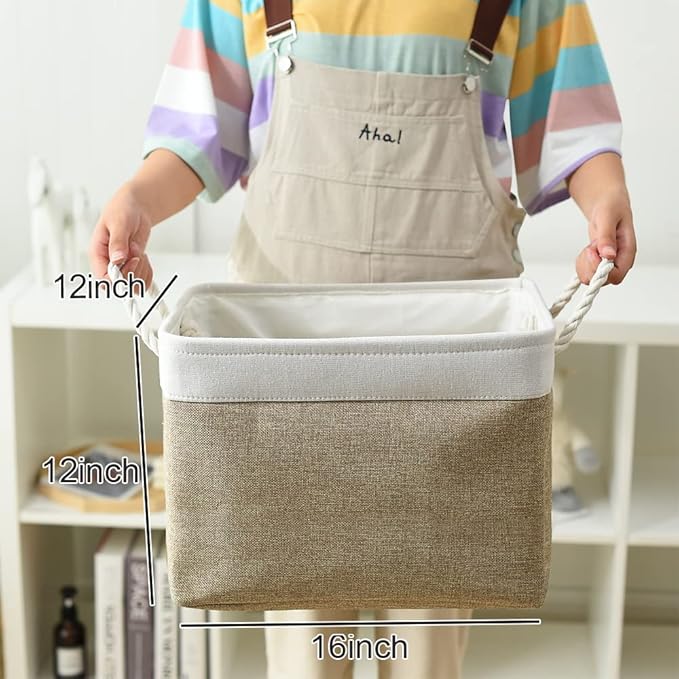 TheWarmHome Organization and Storage Basket for Gifts Empty - 16x12x12 inch Cube Storage bin 3 Pack Fabric Storage Cubes, Collapsible Baskets for Organizer Closet Cloth Gift Toy (White & Khaki)