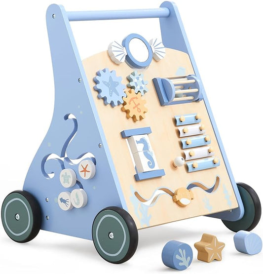 Beright Wooden Baby Walker Push and Pull Learning Activity Walker with Wheels Montessori Walker Toy Multiple Activities Center Develops Motor Skills & Stimulates Creativity (Blue)