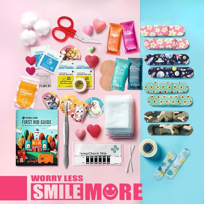 EVERLIT Mini Rescue Pack | 105 Medical Essentials Organized in Portable Storage Bag | Pocket Size Kids First Aid Kit with D Ring | Small Family-Friendly Travel Medical Kit (Camping)