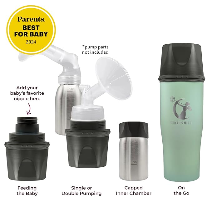 CERES CHILL Mini Breastmilk Chiller Demigoddess, Up to 12 oz. Reusable Storage Container, Keeps Milk at Safe Temperatures for Up to 16 Hours, Bottle Cooler, Connects w/Most Pumps (Zen Green)