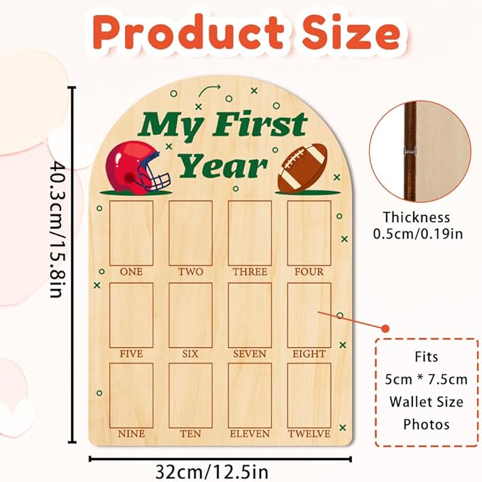 ORIGACH My First Year Baby Growth Photo Display Wood Board - 12 Months Newborn Milestones Photo Board - Neutral Baby Keepsake Frame 1st Birthday Party Nursery Decor New Mom Gift - Football