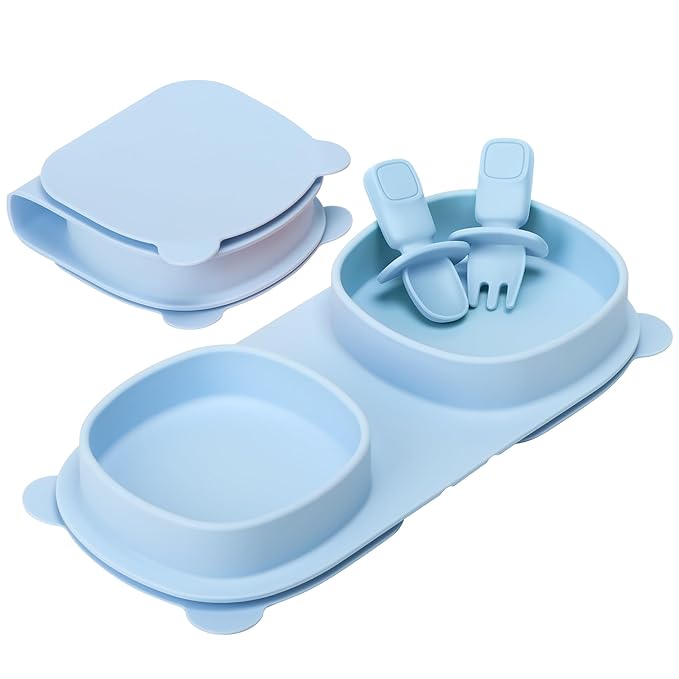 Silicone Foldable Novelty Dinner Plates,Suction Plates for Baby Travel Essential with Forks and Spoons,Microwave & Dishwasher Safe,Baby Blue