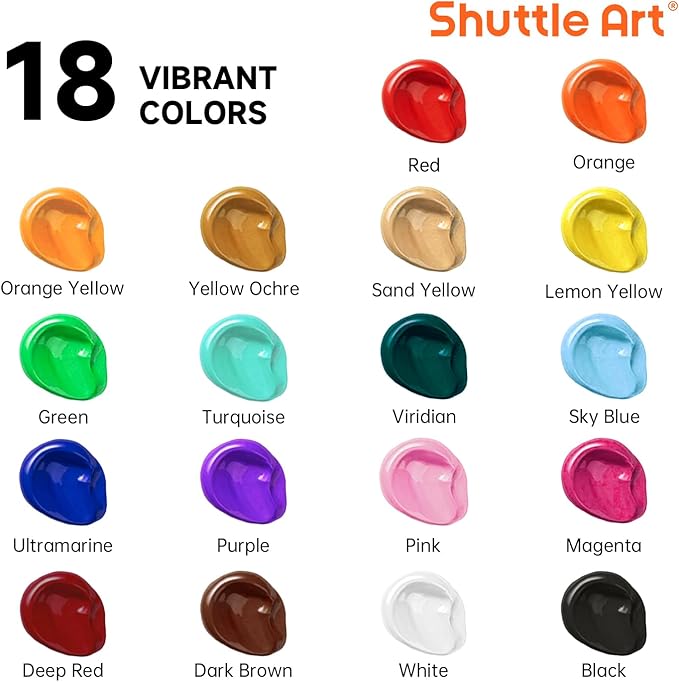 Shuttle Art 18 Colors Acrylic Paint Bottle Set (250ml/8.45oz), Rich Pigmented Bulk Painting Supplies for Artists, Beginners and Kids on Rocks Crafts Canvas Wood Ceramic