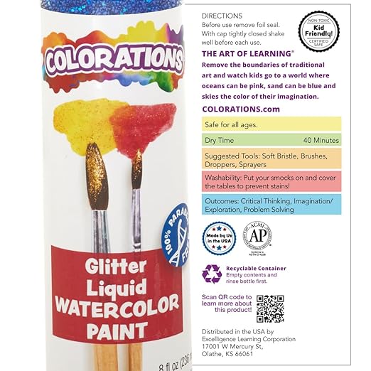 Colorations Paraben-Free Glitter Liquid Watercolor Paint, Set of 8 Vibrant Colors, 8 fl oz, Non-Toxic and Made in The USA