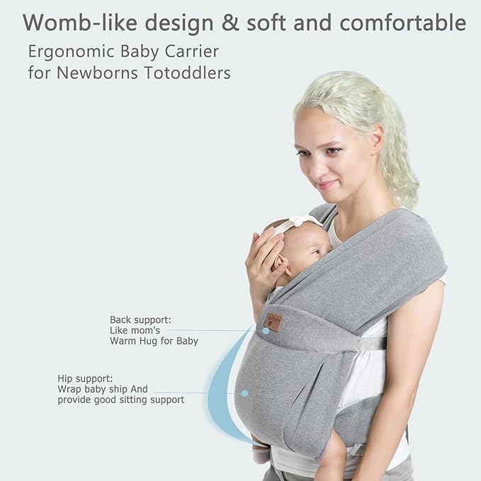 Baby Wraps Carrier Sling, Baby Carrier for Newborns and Toddlers,Skin-Friendly and Soft Front Baby Carrier Wrap Perfect Baby Gifts (Light Grey, Cotton)