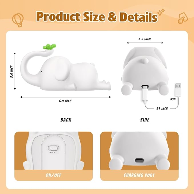 Silicone Elephant Night Light for Kids - 3-Level Dimmable & Rechargeable LED Lamp, Touch Control Soft Animal Light for Nursery, Baby Room Decor