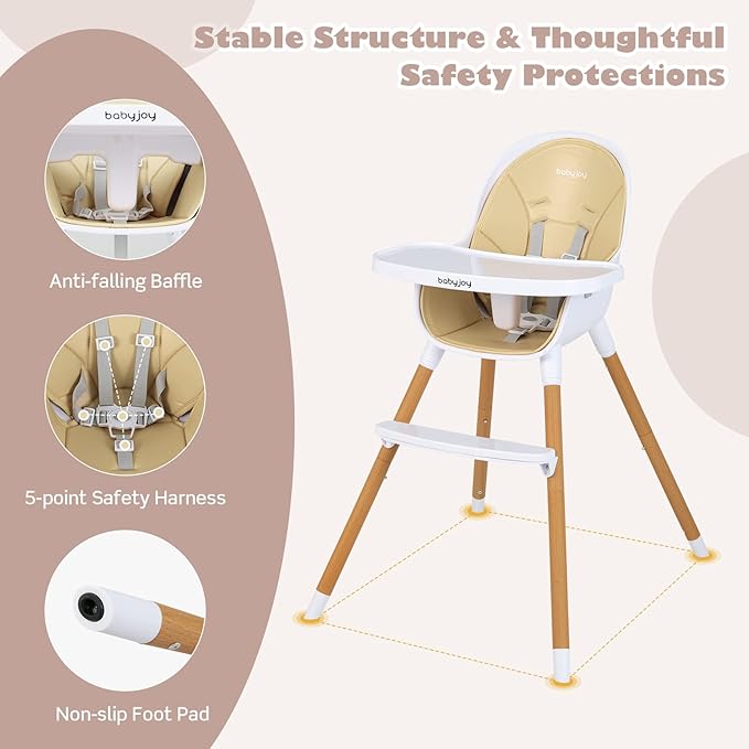 BABY JOY Convertible Baby High Chair, 3 in 1 Wooden Highchair/Booster/Chair with Removable Tray, Adjustable Legs, 5-Point Harness, PU Cushion and Footrest for Baby, Infants, Toddlers (Beige)