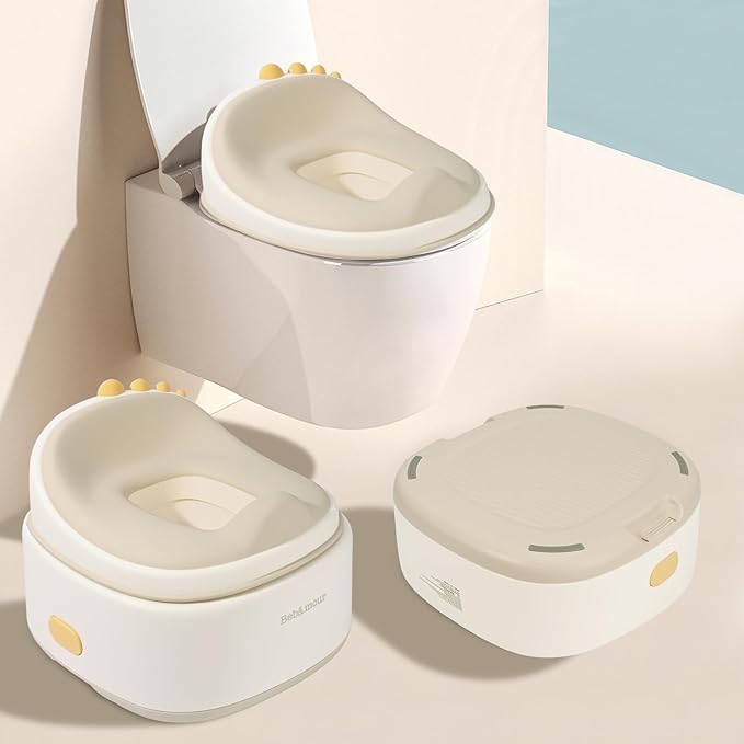 Bebamour Toddler Potty Training Toilet 3 in 1 Versatile Toilet Seat & Step Stool & Potty Chair Portable Potty Trainer for Boys & Girls with with 100 Pack Trash Bags (Dinosaur Coffee)