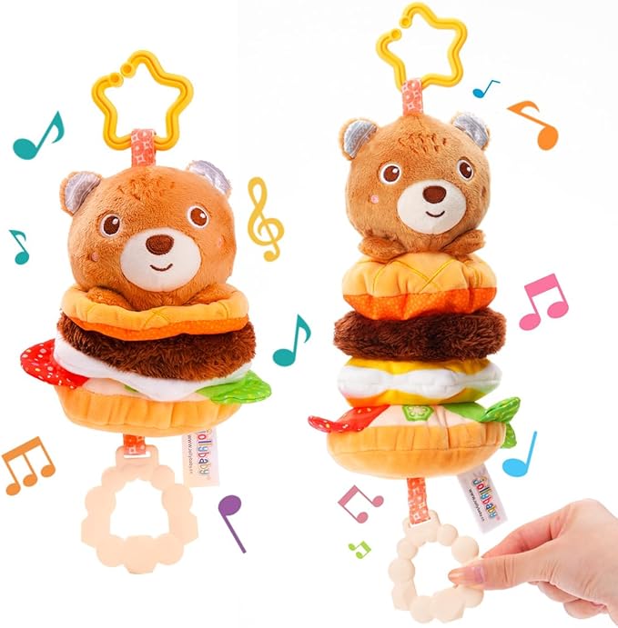 Jollybaby Baby Musical Pull String Hanging Toys for Stroller Car Seat Crib Play Gym, Plush Stuffed Hamburg Bear Toy for Carseat with Music Teether Crinkle, Sensory Toy for 0-6-12-18 Months Baby Gifts