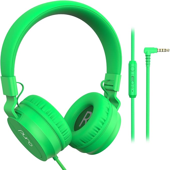 Puro Sound Labs PuroBasic Kid Headphones with Cord - Volume-Limiting & Adjustable with Microphone – Compatible with Smartphones, Tablets, PCs, and More – Safe, Durable Headphones for Kids – Green