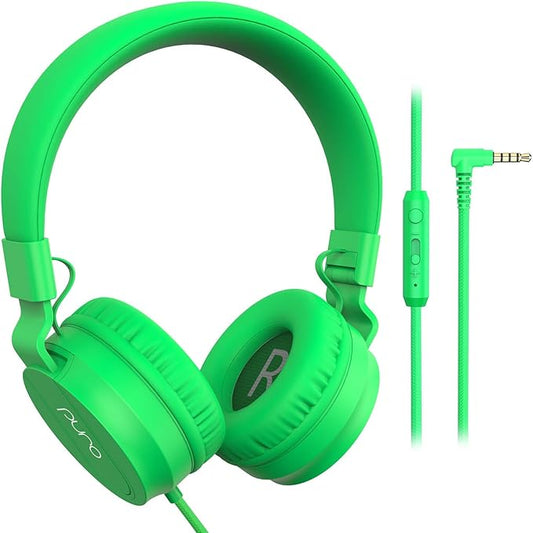 Puro Sound Labs PuroBasic Kid Headphones with Cord - Volume-Limiting & Adjustable with Microphone – Compatible with Smartphones, Tablets, PCs, and More – Safe, Durable Headphones for Kids – Green