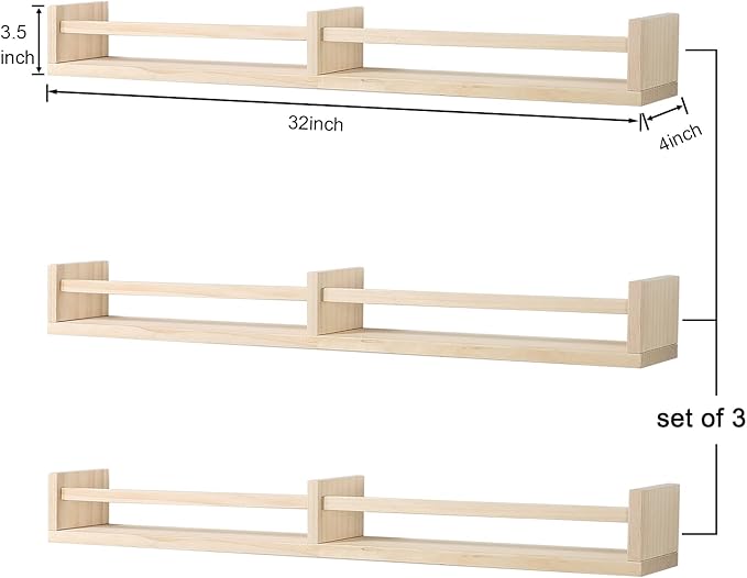 Nursery Bookshelves Wall Mounted，32inch，Set of 3, Wood Floating Wall Bookshelf for Kids,Natural Wood Color,Hanging Shelf for Baby Nursery Room Decor, Pine