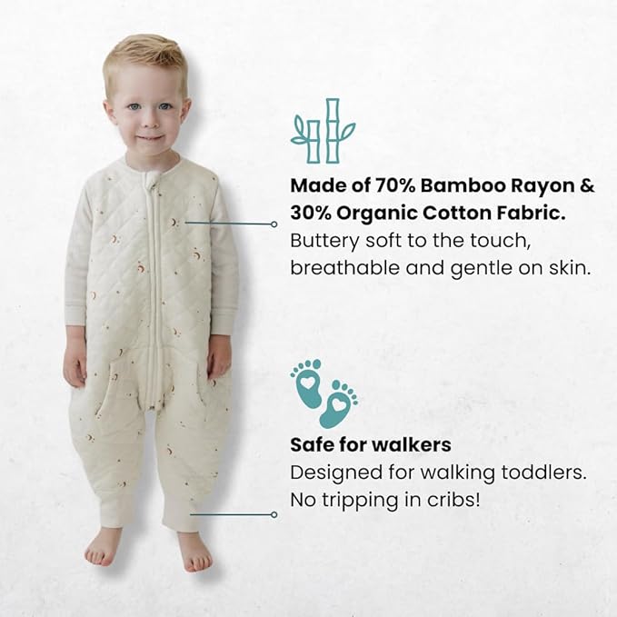 Tealbee Dreamsuit: Toddler Sleep Sack with Feet 2T-3T - 1.2 TOG All Season Baby Wearable Blanket for Walkers - Rayon made from Bamboo, Organic Cotton Sleep Bag - Moons Stars