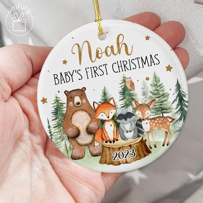 Unifury Personalized Baby First Christmas Ornament 2024, Adorable Keepsake for Babies First Christmas Tree, Holiday Decor for Celebrating Ceramic Babys 1st Christmas Ornament 2024, Woodland Animal