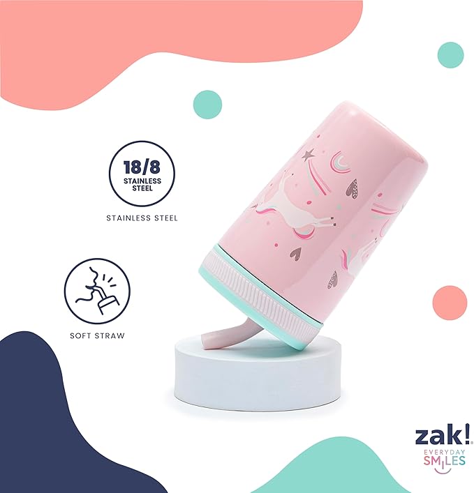 Zak Designs Unicorn Kelso Tumbler Set, Leak-Proof Screw-On Lid with Straw, Bundle for Kids Includes Plastic and Stainless Steel Cups with Bonus Sipper, 3pc Set, Non-BPA, 15 fl.oz.