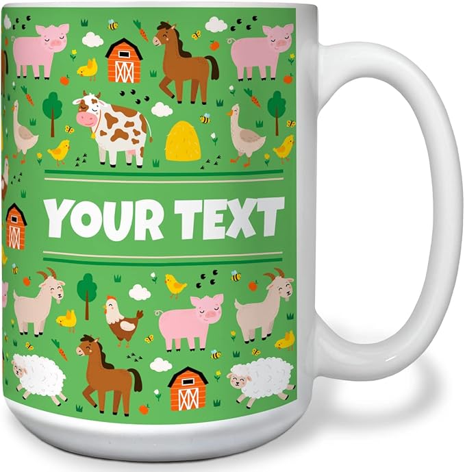 Personalized Mug for Kids - Farm Animals - Custom Name/Text, Ceramic Hot Chocolate/Cocoa/Coffee Cup for Boys/Girls, Birthday/Christmas/Holiday Gift - 15 oz, White Handle