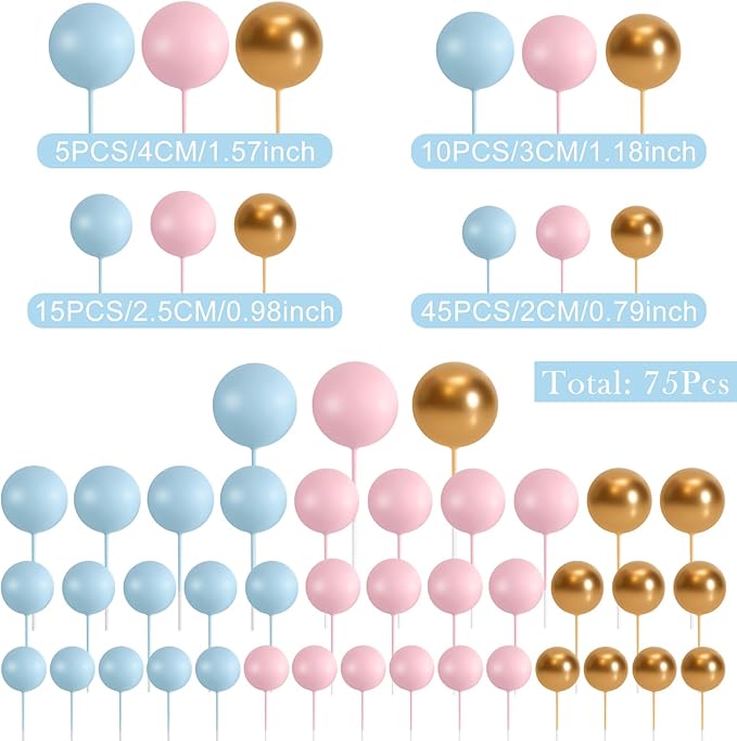 75 Pcs Cake Balls Topper Decorations Foam Cupcake Topper Mini Balloon Cake Topper Balls Cake Picks for Cake Deco Birthday Party Wedding（Blue,Pink,Gold）