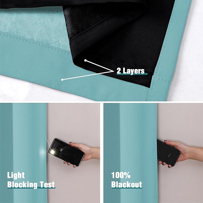 ChrisDowa 100% Blackout Curtains 84 inch Long for Bedroom with Black Liner, 2 Thick Layers Total Blackout Thermal Insulated Grommet Window Curtains 2 Panels Set (Aqua, 38 x 84 Inch)