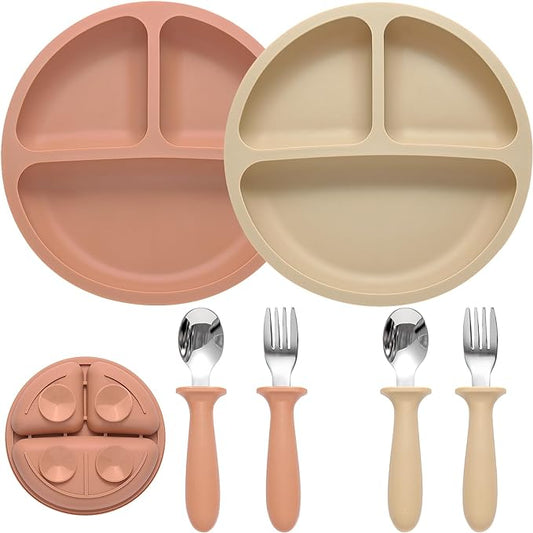 Silicone Baby Feeding Set, 2 Pack Divided Suction Plates for Baby, 2 Pack Spoons and Forks Set Baby Eating Essentials, Feeding Supplies for Toddler Utensils, BPA Free