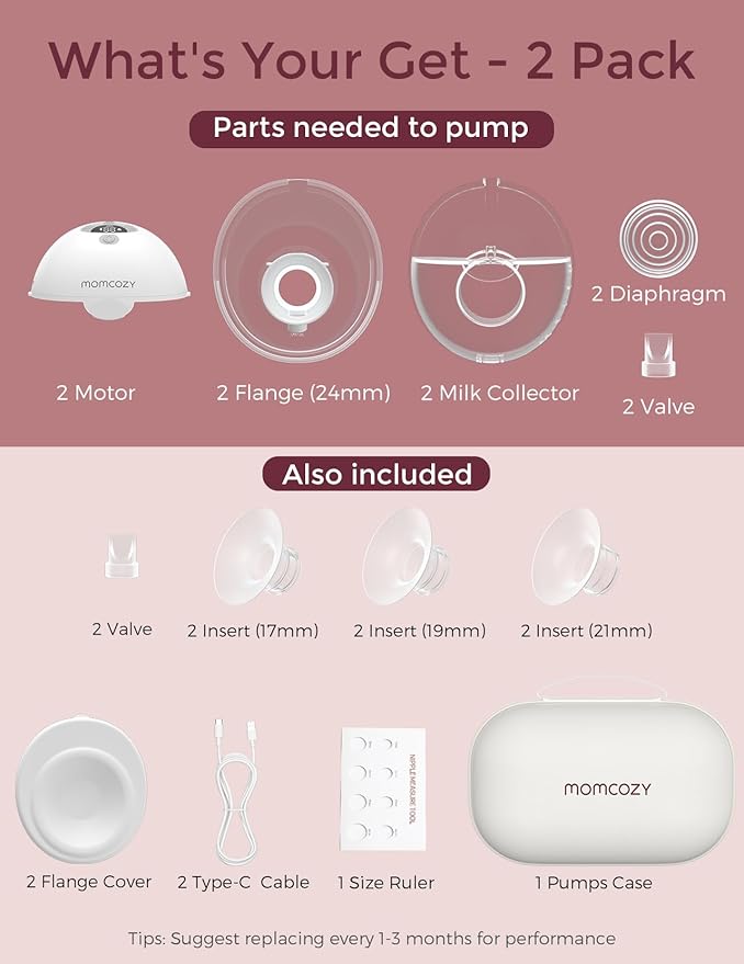 Momcozy M5 Hands-Free Wearable Breast Pump, Double-Sealed Flange for Baby-Like Comfort, 3 Modes & 9 Suction Levels, Portable Electric Pump – 24mm, 2-Pack Quill Gray
