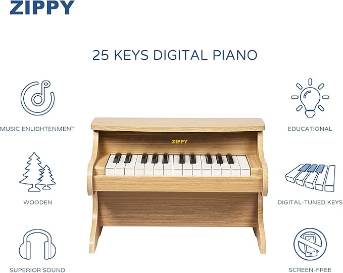 ZIPPY Kids Piano Keyboard, 25 Keys Digital Piano for Kids, Mini Music Educational Instrument Toy, Wood Toy for Toddlers Girls Boys (Oak)