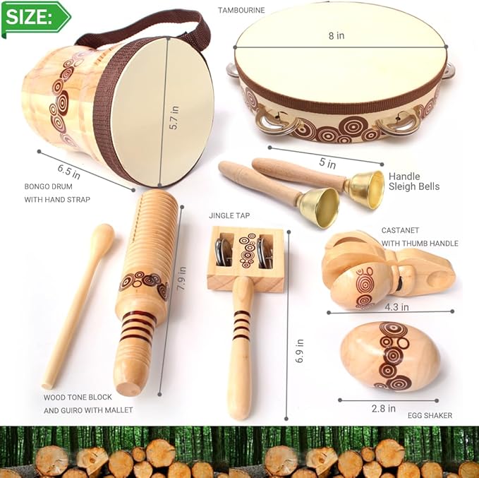 Wooden Musical Instruments Set for Kids,7 Types Percussion Set,Bongo Drum,Tambourine 8 inch...Natural Sheepskin Drumhead,Toddler Musical Toys,Gift for Rhythm Montessori Class Education