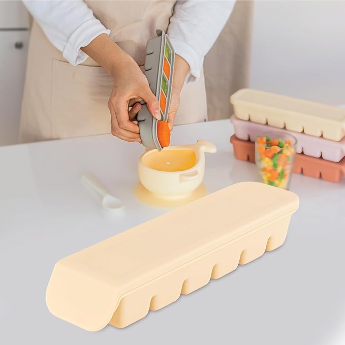 Silicone Freezer Trays with Lid,2ea 1oz 6 Section-Leak Proof Silicone Freezer molds for Homemade Baby Food Breastmilk, Purees, Vegetables, Fruit, Baby Food Jars Ice Tray with Lid BPA Free Beige