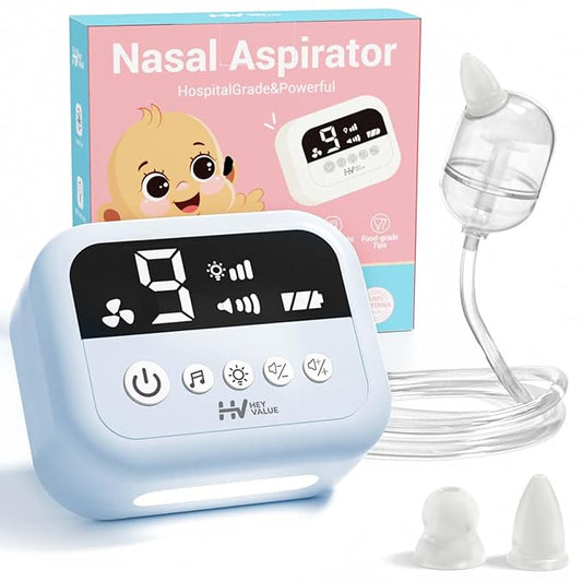 HEYVALUE Nasal Aspirator for Baby, Hospital Grade Nose Sucker with 9 Levels Suction, Night Light and Nursery Rhyme Soothing, Electric Nose Suction for Baby with Food-Grade Silicone Tips Blue
