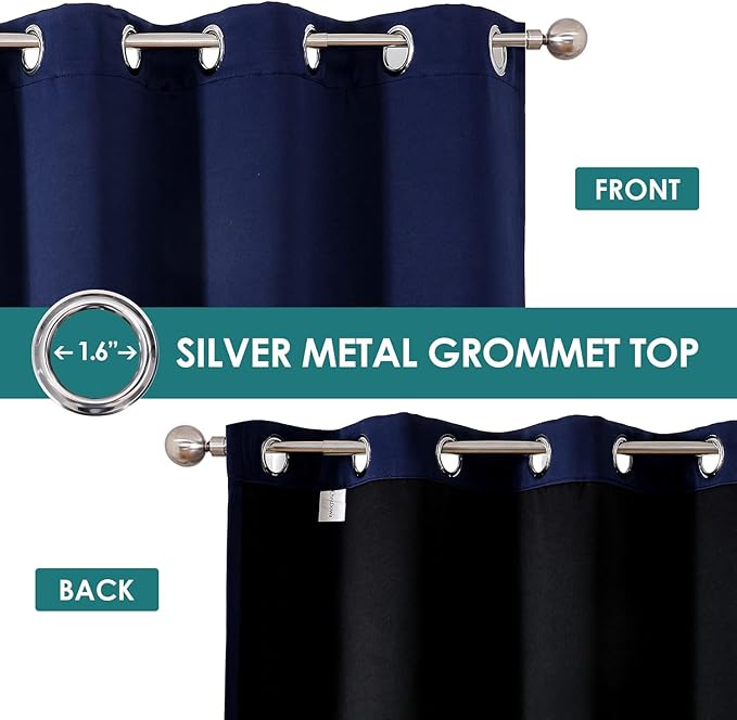ChrisDowa 100% Blackout Curtains for Bedroom with Black Liner, 2 Thick Layers Total Blackout Thermal Insulated Grommet Window Curtains 2 Panels Set (Navy Blue, 52 x 54 Inch)