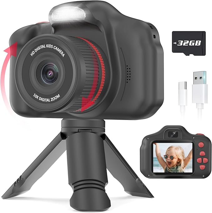 Seckton Upgrade Kids Selfie Camera, Christmas Birthday Gifts for Boys Girls Age 3-12, Children Digital Video Cameras with Flash, 2.4" Screen Portable Camera Toy 4 5 6 7 8 9 Year Old Boys Girls-Black