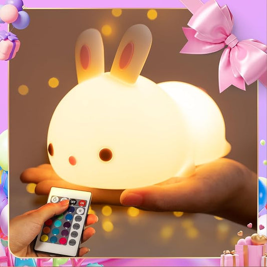 One Fire Night Light for Kids Room, Timer Baby Toddler Nursery Animal Battery Remote Kawaii Night Lamp, Cute Decor Easter Bunny Gift/ Basket Stuffers Decoration