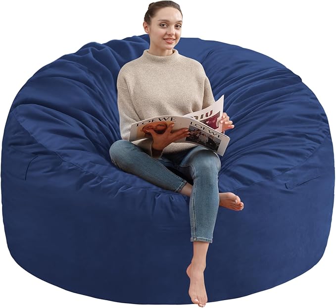 6FT Bean Bag Chair, Large Bean Bag Chairs with Memory Foam Filled, Fluffy Beanbag Sofa with Dutch Velvet Cover, Round BeanBag Chairs for Living Room, Playroom - Blue