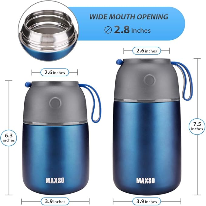 Insulated Thermo Food Jar for Hot & Cold Food for Kids Adult, 17&24 oz Soup Thermal Hot Food Containers for Lunch, Triple Layer Insulation Stainless Steel Food Jar with Spoon (2 Pack Blue)
