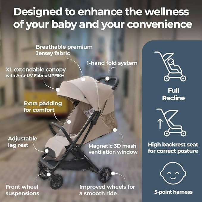 Inglesina Quid³ Stroller, Aurora Pink - Compact Reclining Travel Stroller for Baby & Toddler 0-55 lbs, One Hand fold, Car seat Compatible, Airplane Overhead, Lightweight, Foldable, XL UPF 50+ Canopy