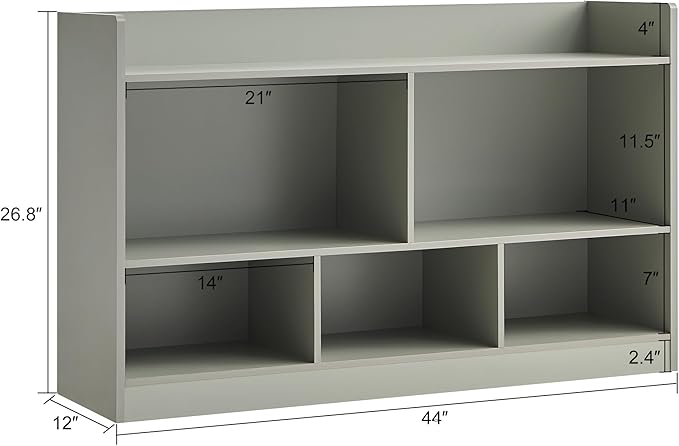 Kids Toy Storage Organizer, 5-Section Bookshelf for Organizing Books Toys, Wooden Storage Cabinet Daycare Furniture for School, Classroom Playroom, Nursery, Kindergarten (Grey)