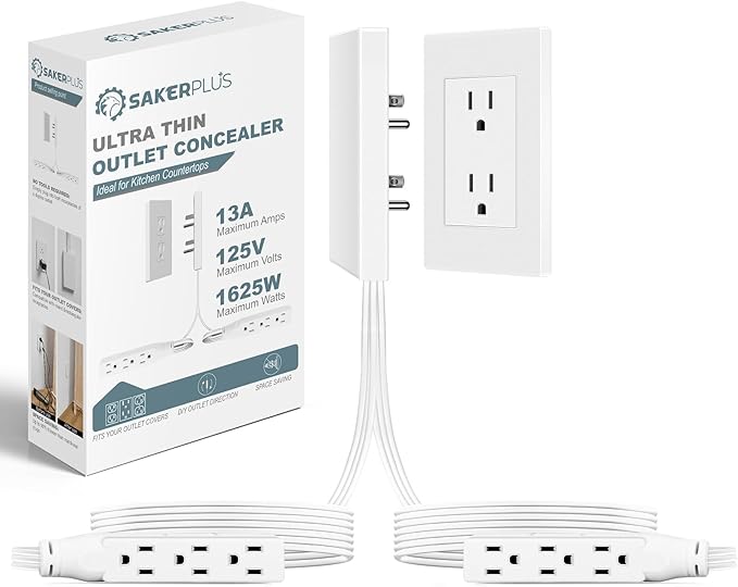Outlet Concealer Power Strip-Outlet Cover Extender with 3AC Outlets-8ft Flat Plug Extension Cord,Universal Size,1625W for Kitchen, Home and Office,Child & Pet Safe(Dual 8 Foot)